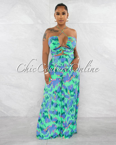 Rhawn Blue Green Print Front Cut-Out Lace-Up Jumpsuit