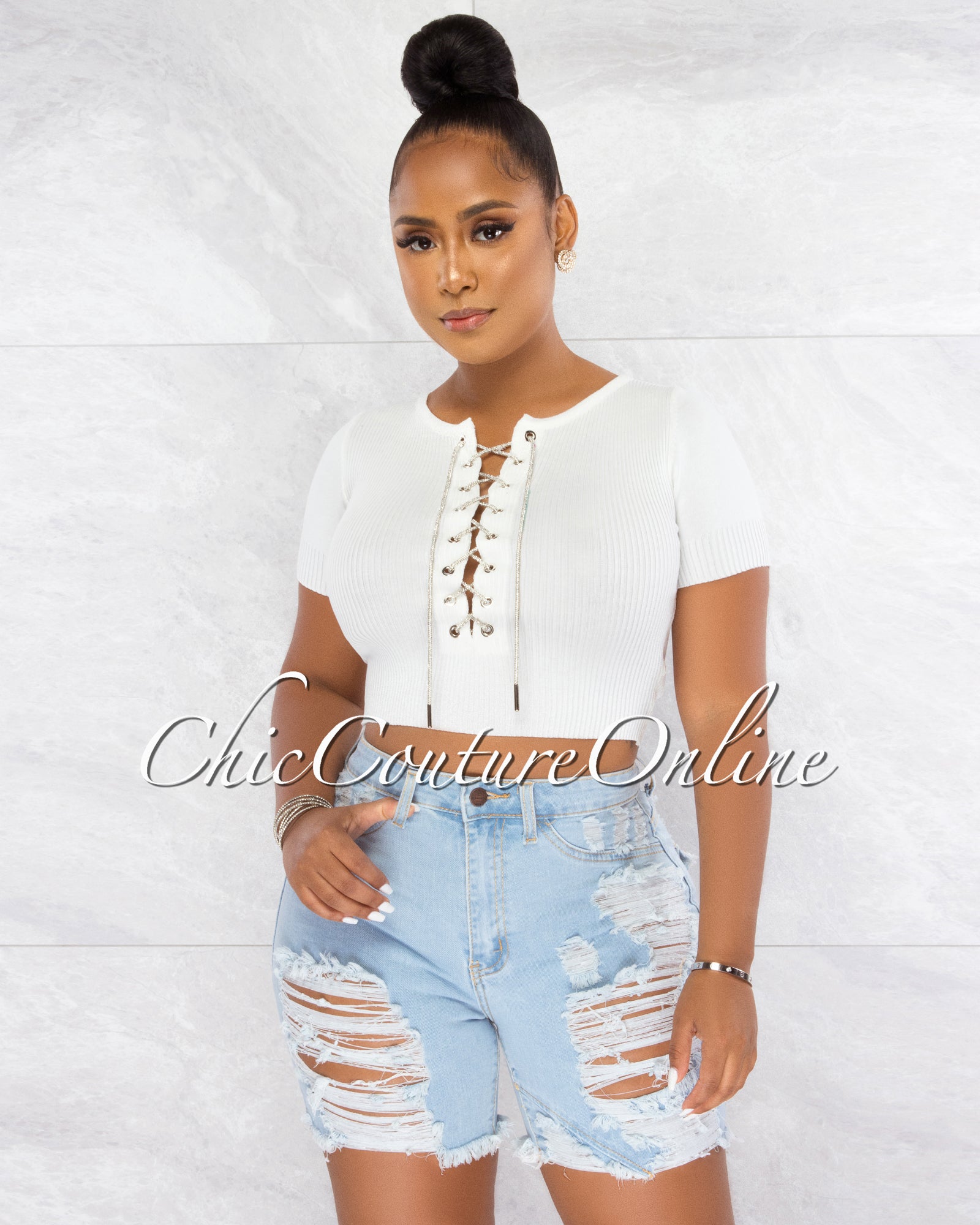 *Malowa Off-White Rhinestones Lace-Up Ribbed Crop Top