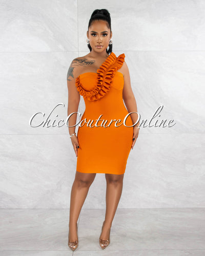*Gaira Orange Ruffle Bust Accent Bandage Dress