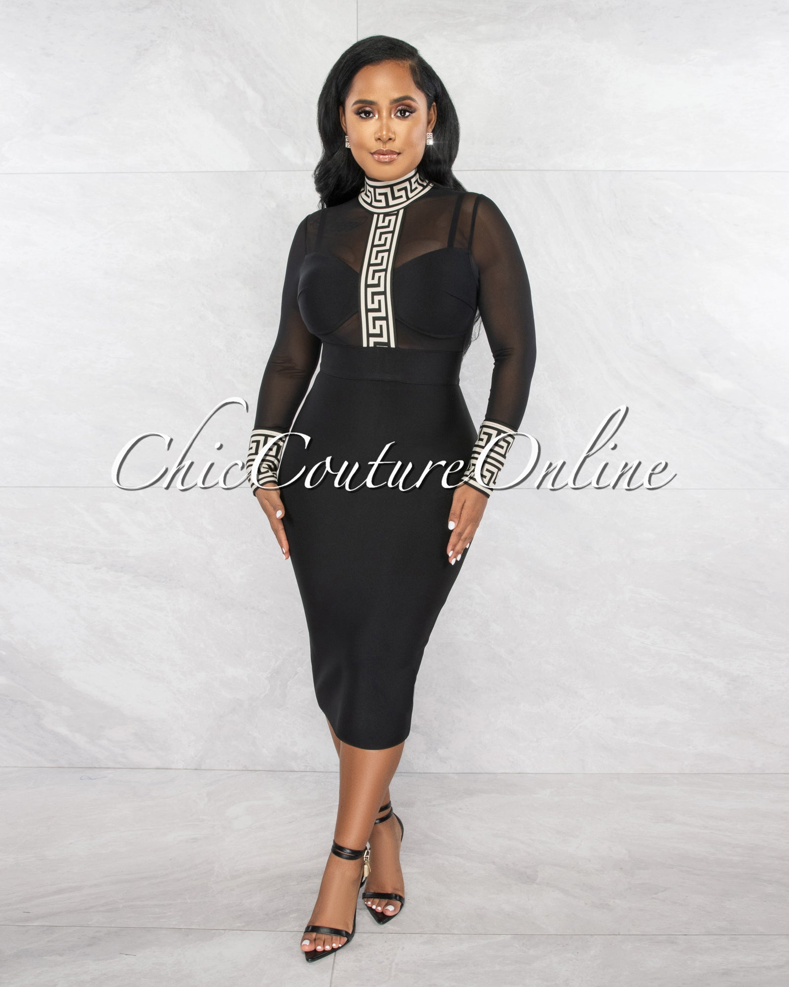 *Yahor Black Cream Fret Print Bandage Mesh Accent Dress