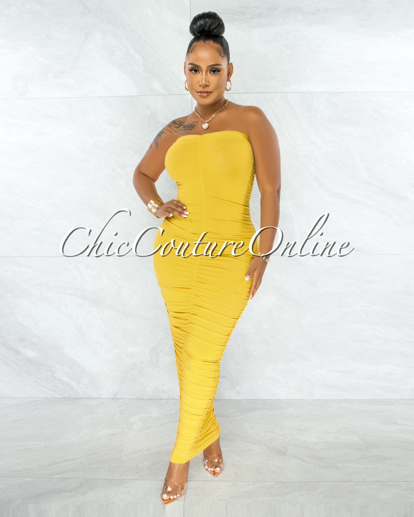 Nancy Yellow Ruched Strapless Maxi Dress