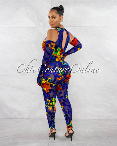 Chicca Royal-Blue Velvet Multi-Color Print Sheer Jumpsuit