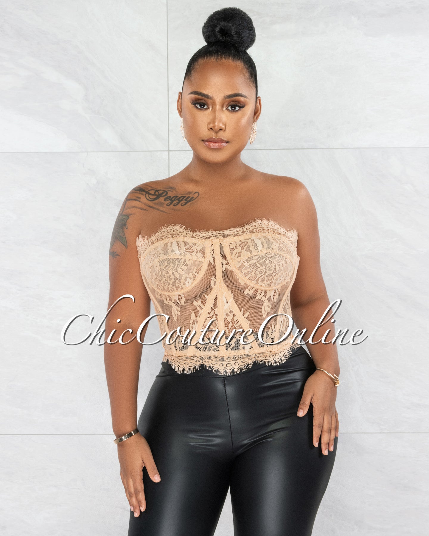 *Abigail Nude Lace Strapless Croset Sheer Top
