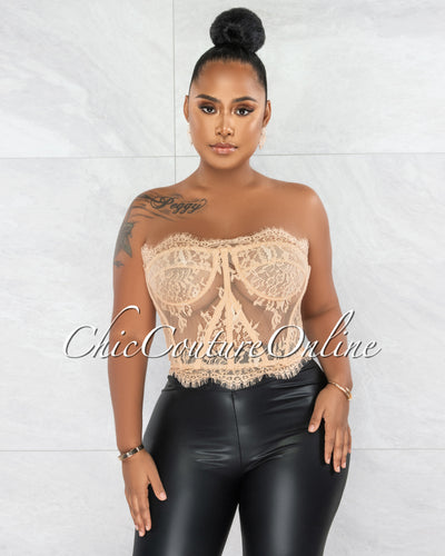 Abigail Nude Lace Strapless Croset Sheer Top