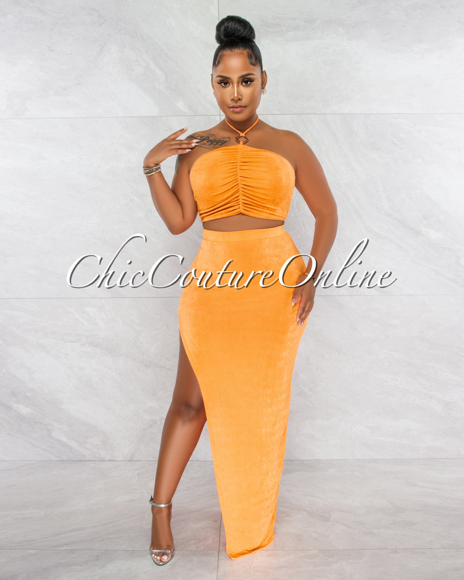 *Lucille Orange Ruched Silver Accent Top & Maxi Slit Skirt Set