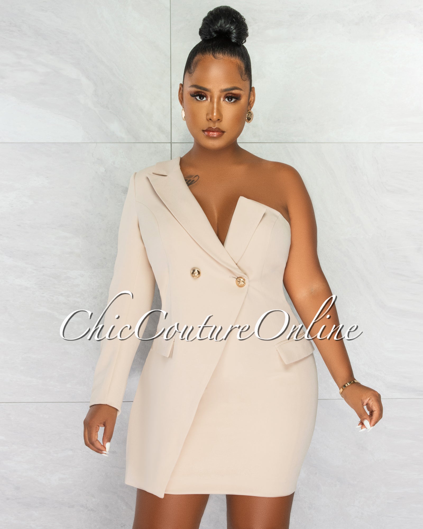 *Gustavo Nude Gold Buttons Trench Single Sleeve Dress