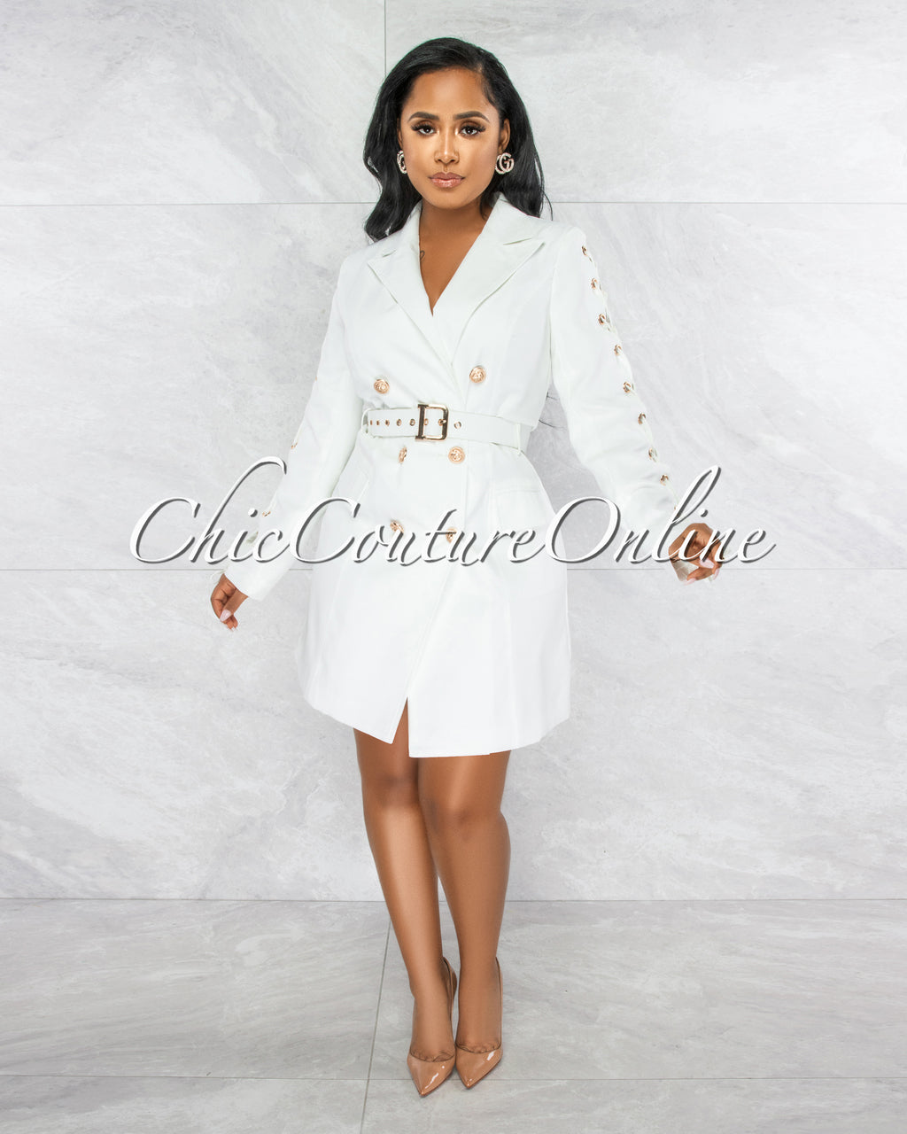 *Rusalka Off-White Double Trench Gold Buttons Belt Dress