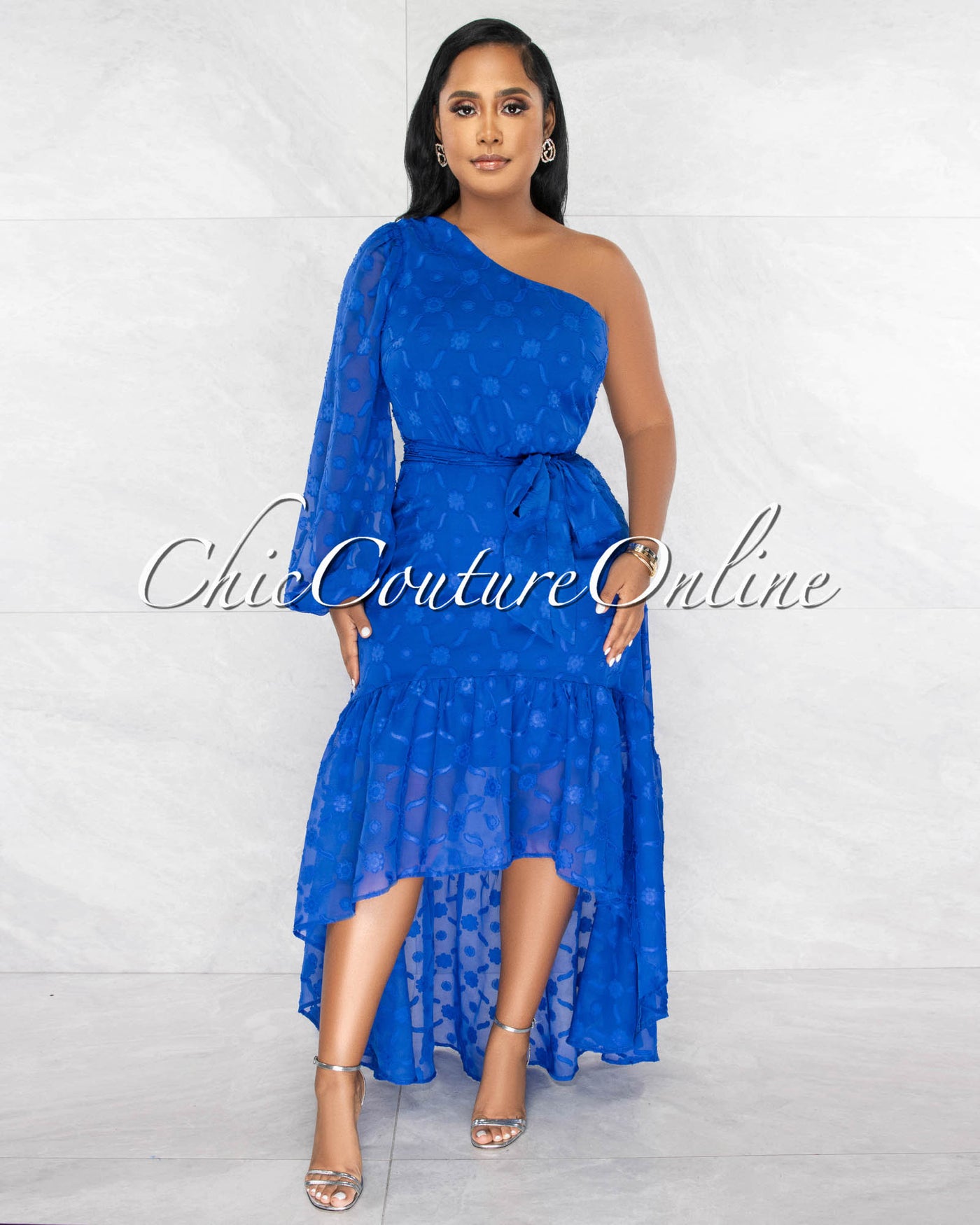 *Mathias Royal Blue Embroidery Single Shoulder Hi-Lo Maxi Dress