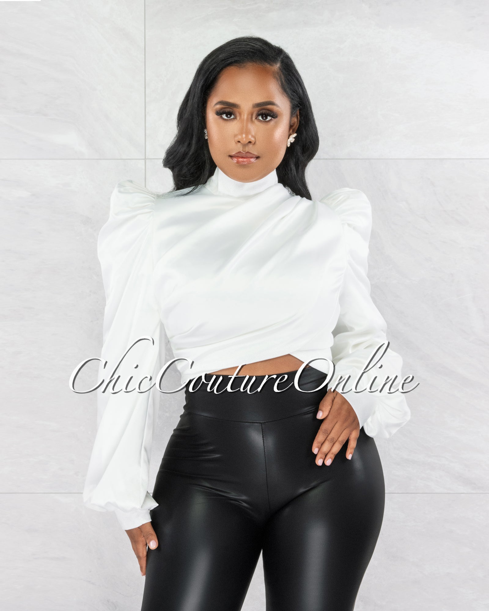 *Karishma White Luxe Satin Draped Blouse Chic Couture Online
