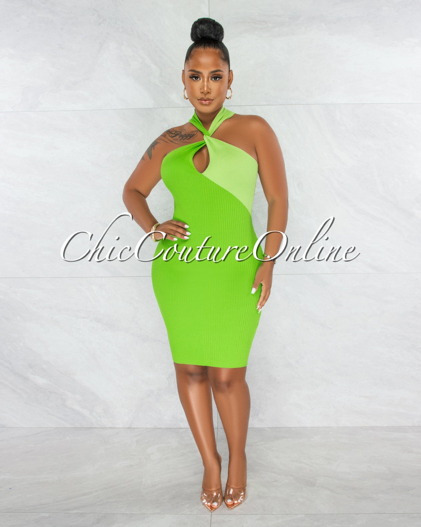 Nicola Green Two-Tone Torn Bust Ribbed Midi Dress