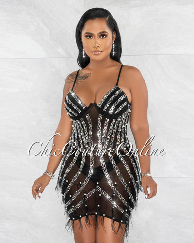 *Capital Black Rhinestones Pearls & Feathers Mesh Sheer Mini Dress