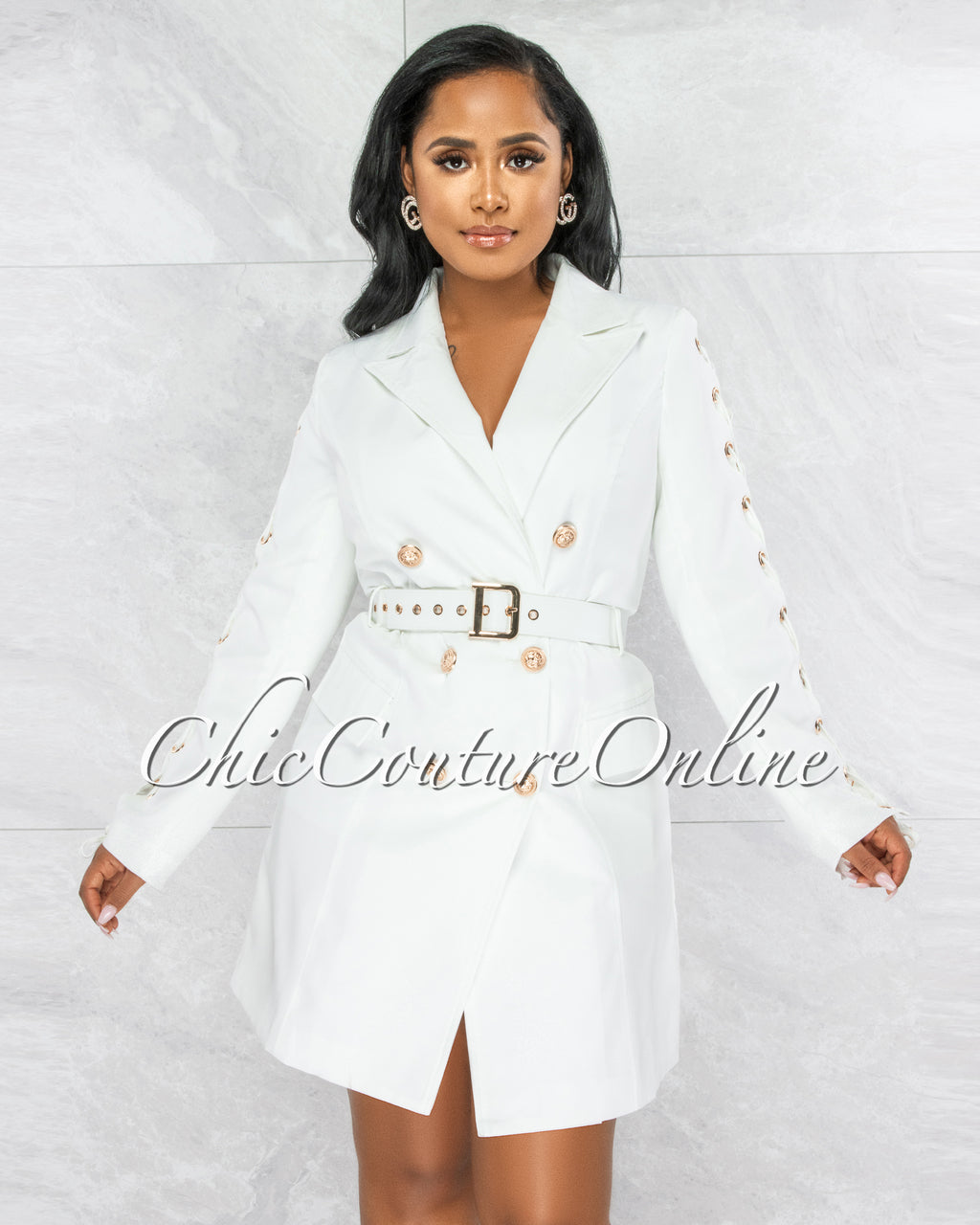 Rusalka Off-White Double Trench Gold Buttons Belt Dress