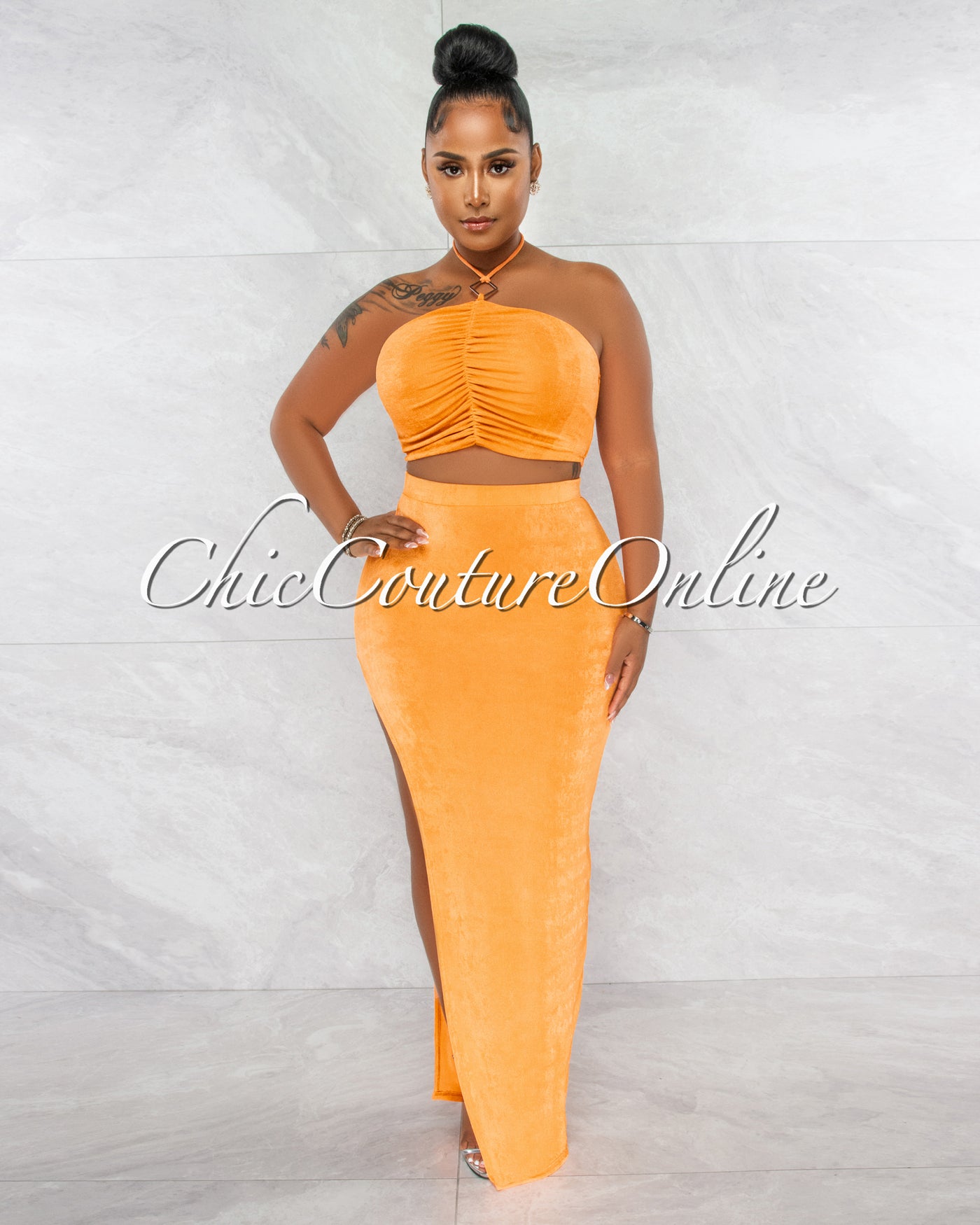 *Lucille Orange Ruched Silver Accent Top & Maxi Slit Skirt Set