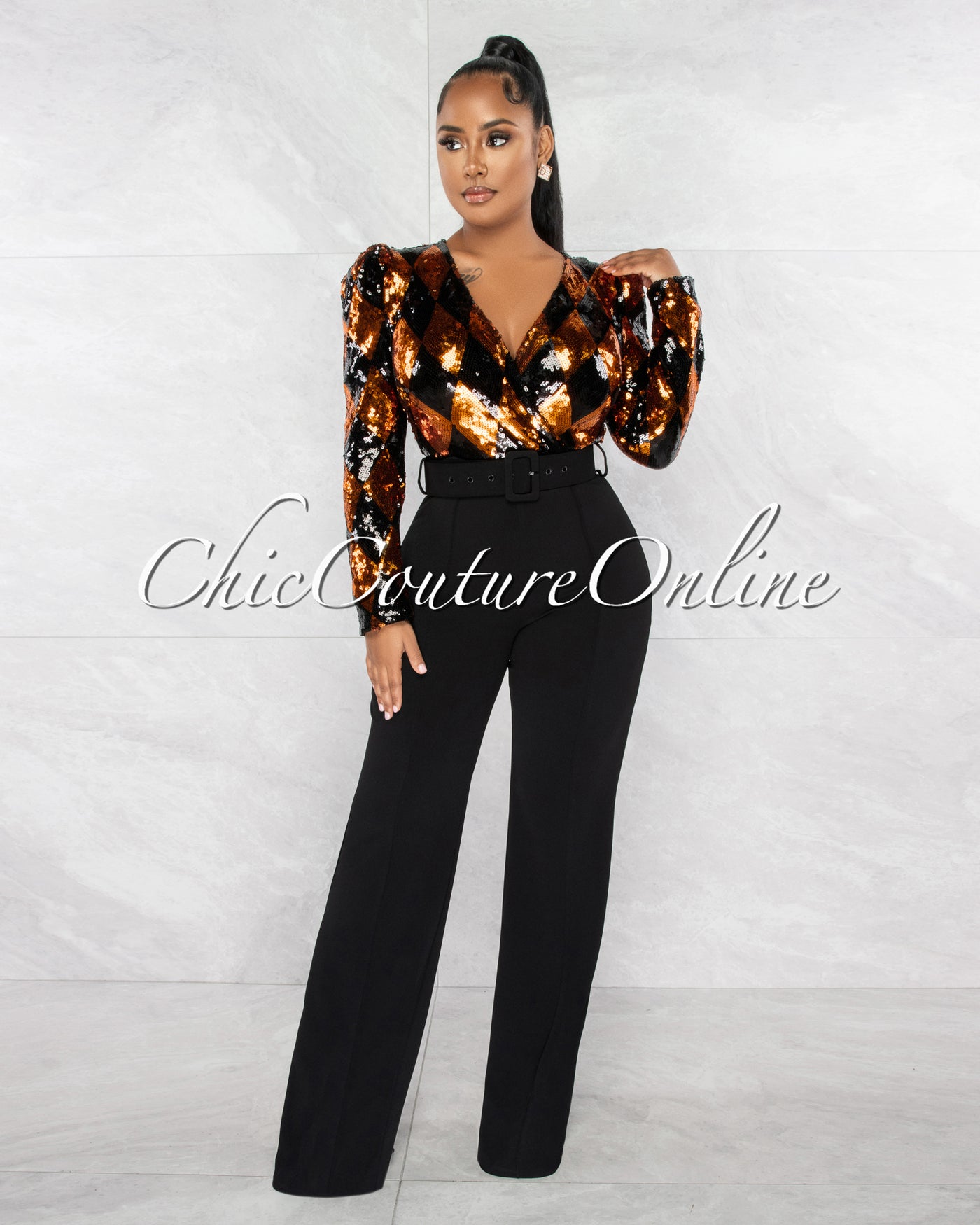 *Norville Black Rust Sequins Diamond Print Belted Jumpsuit