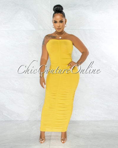 Nancy Yellow Ruched Strapless Maxi Dress