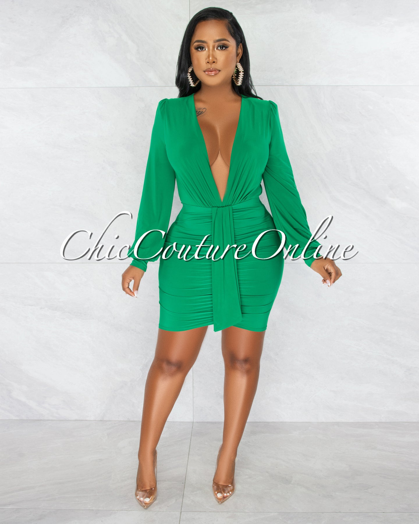*Umaya Kelly Green Draped Bodysuit & Ruched Skirt Set
