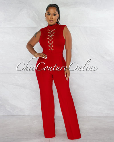Brandy Red Gold Link Lace-Up Jumpsuit