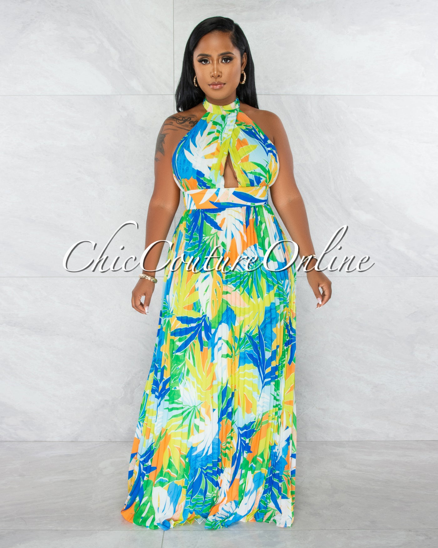 Patience White Multi-Color Print Halter Maxi Pleated Dress