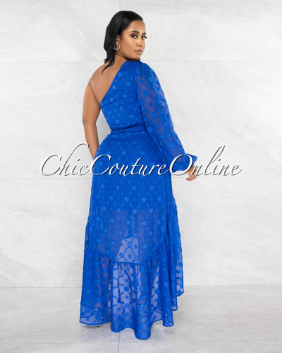 *Mathias Royal Blue Embroidery Single Shoulder Hi-Lo Maxi Dress
