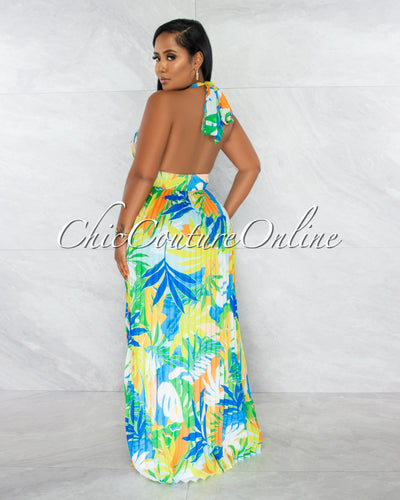 Patience White Multi-Color Print Halter Maxi Pleated Dress