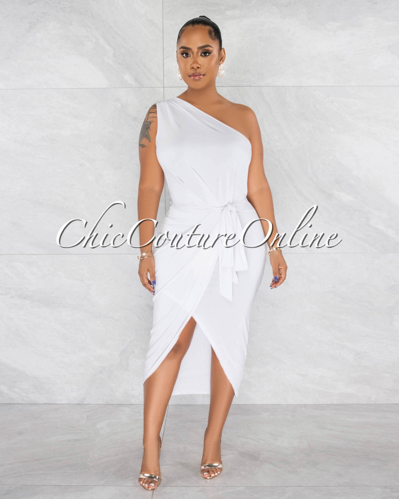 *Twyla Off-White Single Shoulder Front Slit Midi Dress