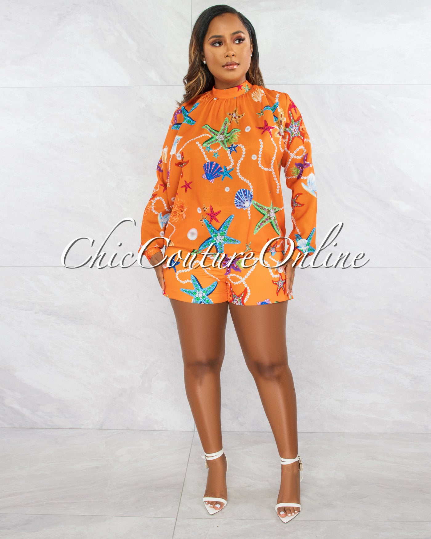 *Erencia Orange Sea Print Wide Blouse & Mini Shorts Set