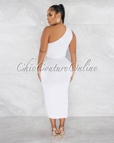 *Twyla Off-White Single Shoulder Front Slit Midi Dress