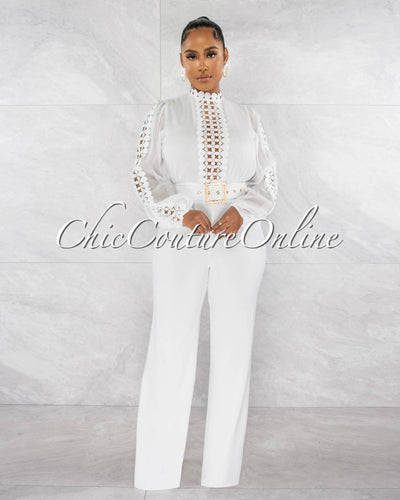 *Taima Off-White Crochet Shimmer Top Gold Buckle Belt Jumpsuit