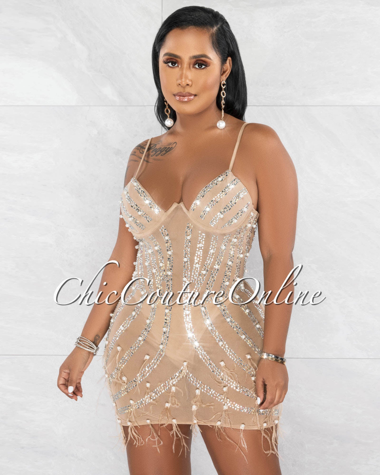 *Capital Nude Rhinestones Pearls & Feathers Mesh Sheer Mini Dress