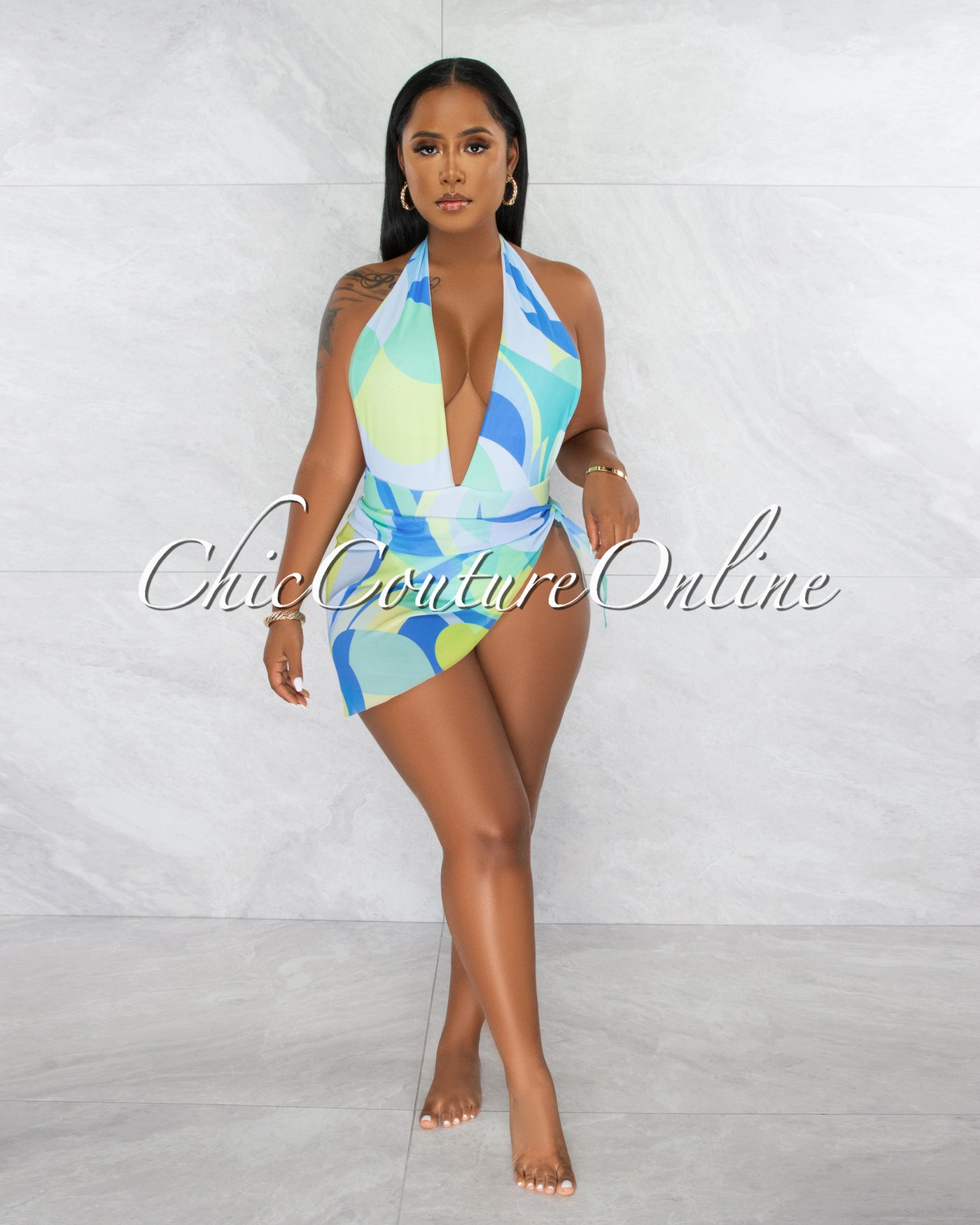 Eagle Baby Blue Green Halter Swimsuit & Mesh Pareo