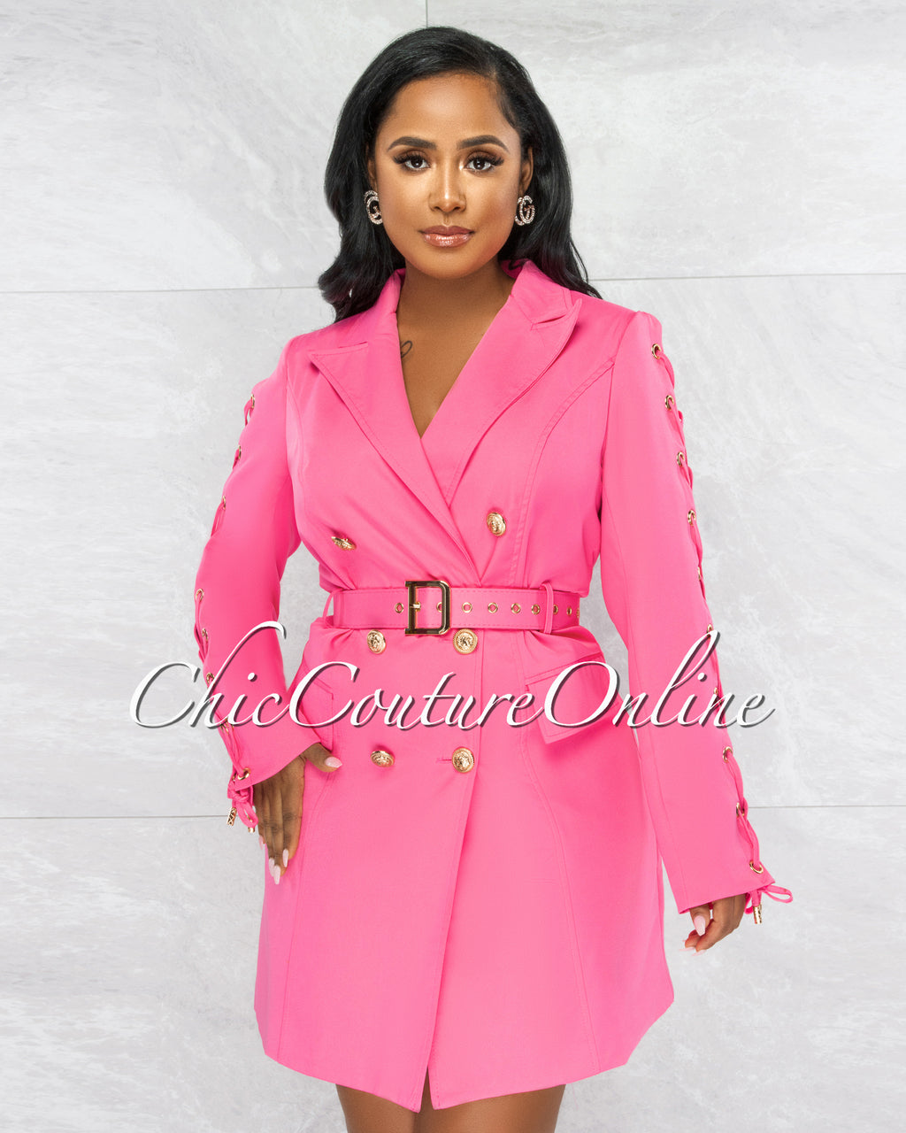 Rusalka Hot Pink Double Trench Gold Buttons Belt Dress