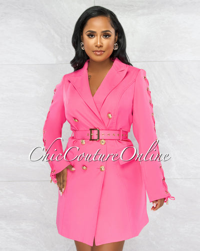 *Rusalka Hot Pink Double Trench Gold Buttons Belt Dress