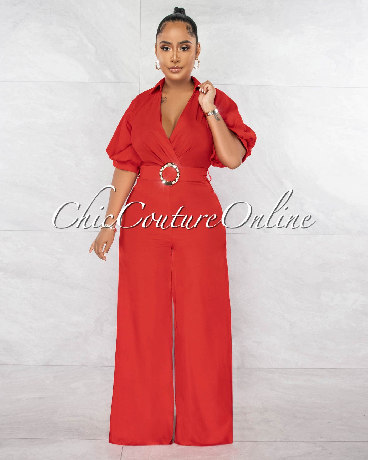 *Garcia Red Bubble Sleeves Gold Buckle Belt Silky Jumpsuit