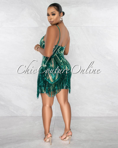 Cira Hunter Green Iridescent Sequins Fringe Mini Dress