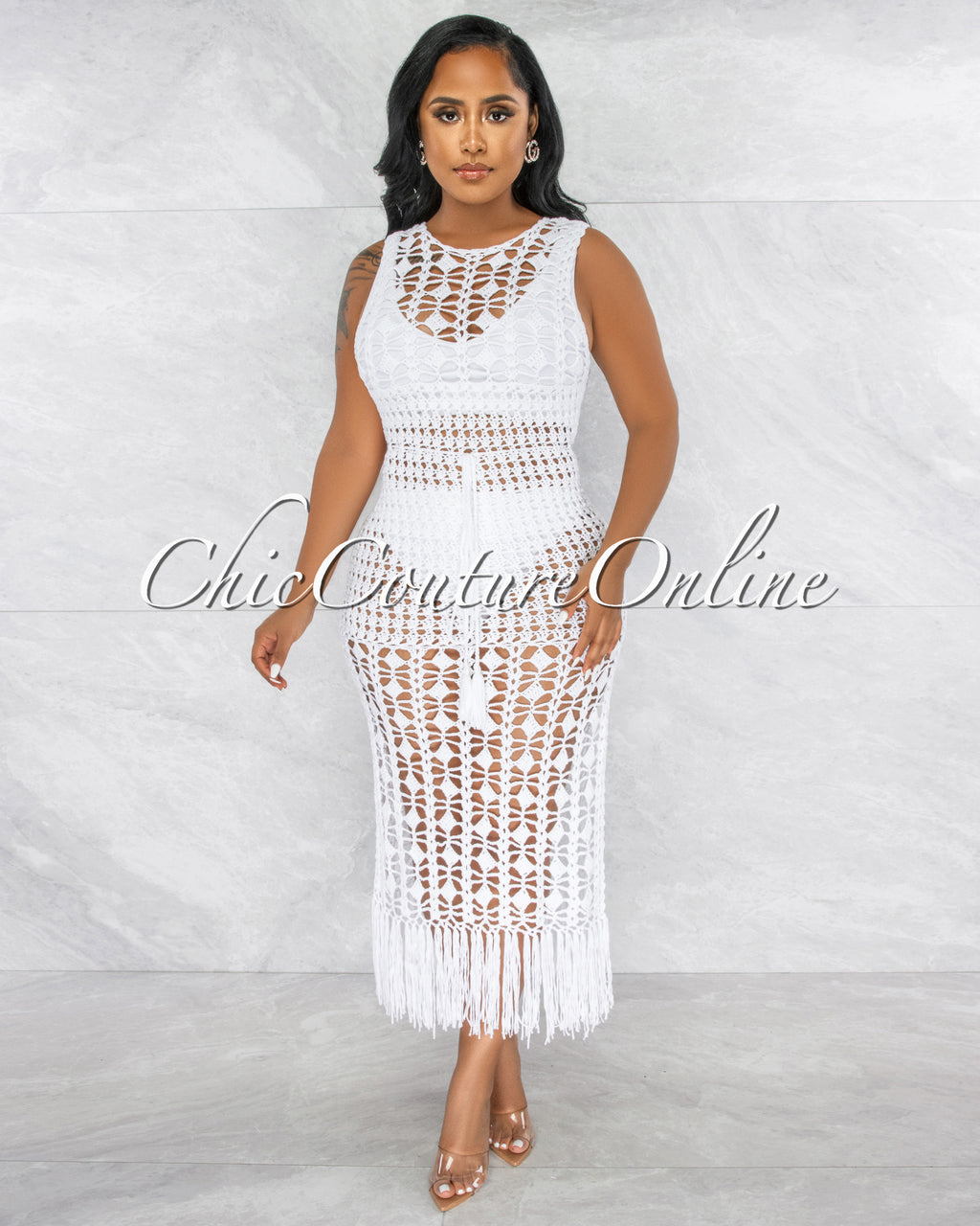 Millan Off-White Crochet Cover-Up Midi Dress