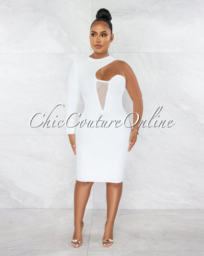 Erica Off-White Single Shoulder Design Bandage Dress