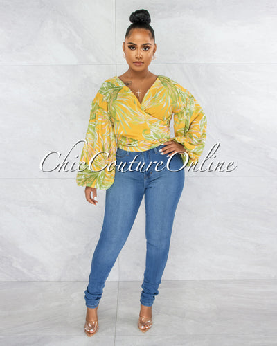 Becher Yellow Leaf Print Bubble Sleeves Wrap Top