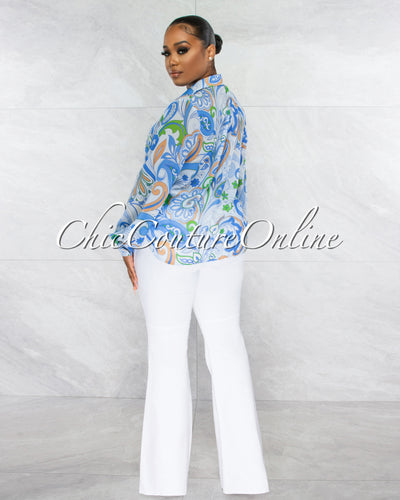 Corolla Baby Blue Print Buttoned Semi-Sheer Blouse