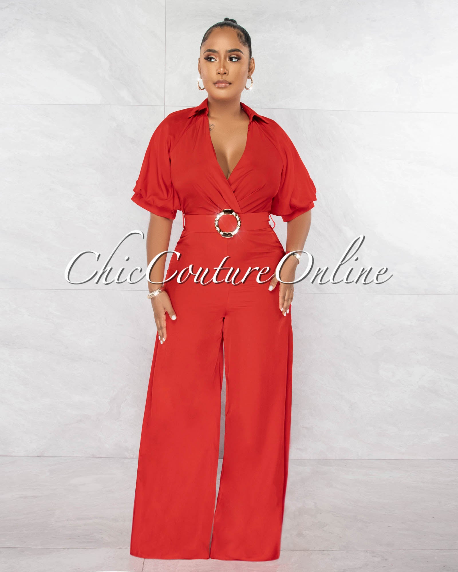 *Garcia Red Bubble Sleeves Gold Buckle Belt Silky Jumpsuit