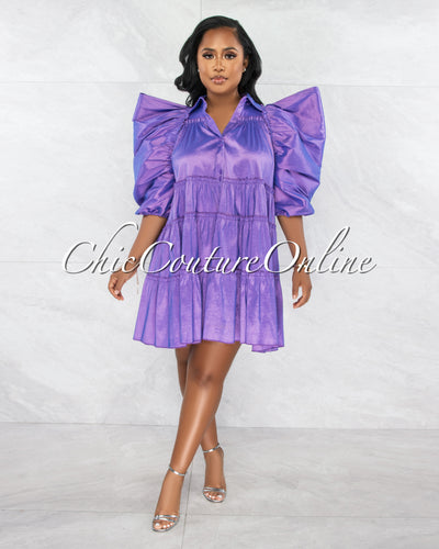 Londra Purple Dramatic Sleeves Shirt Taffeta Dress