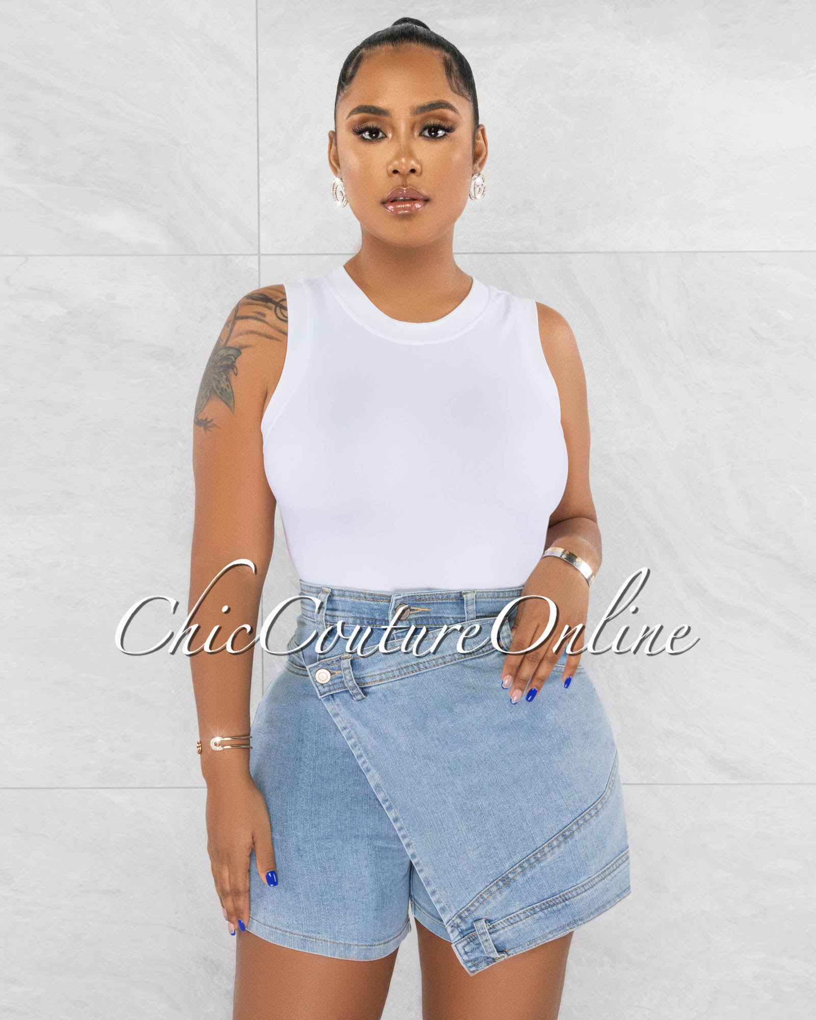 *Margaret Light Denim Front Overlay Shorts