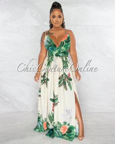 Barret Ivory Green Leaf Print Cut-Out Maxi Dress