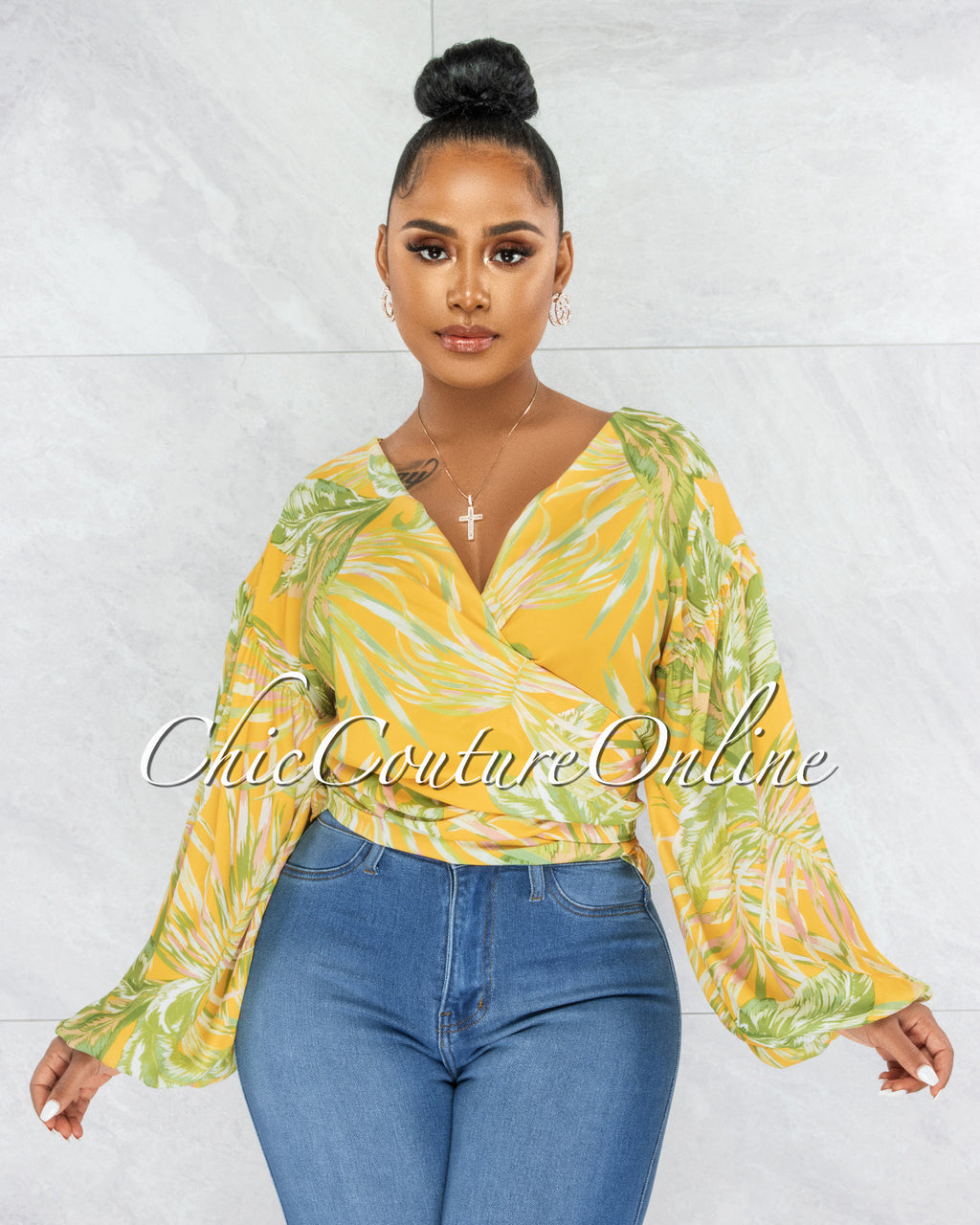 Becher Yellow Leaf Print Bubble Sleeves Wrap Top
