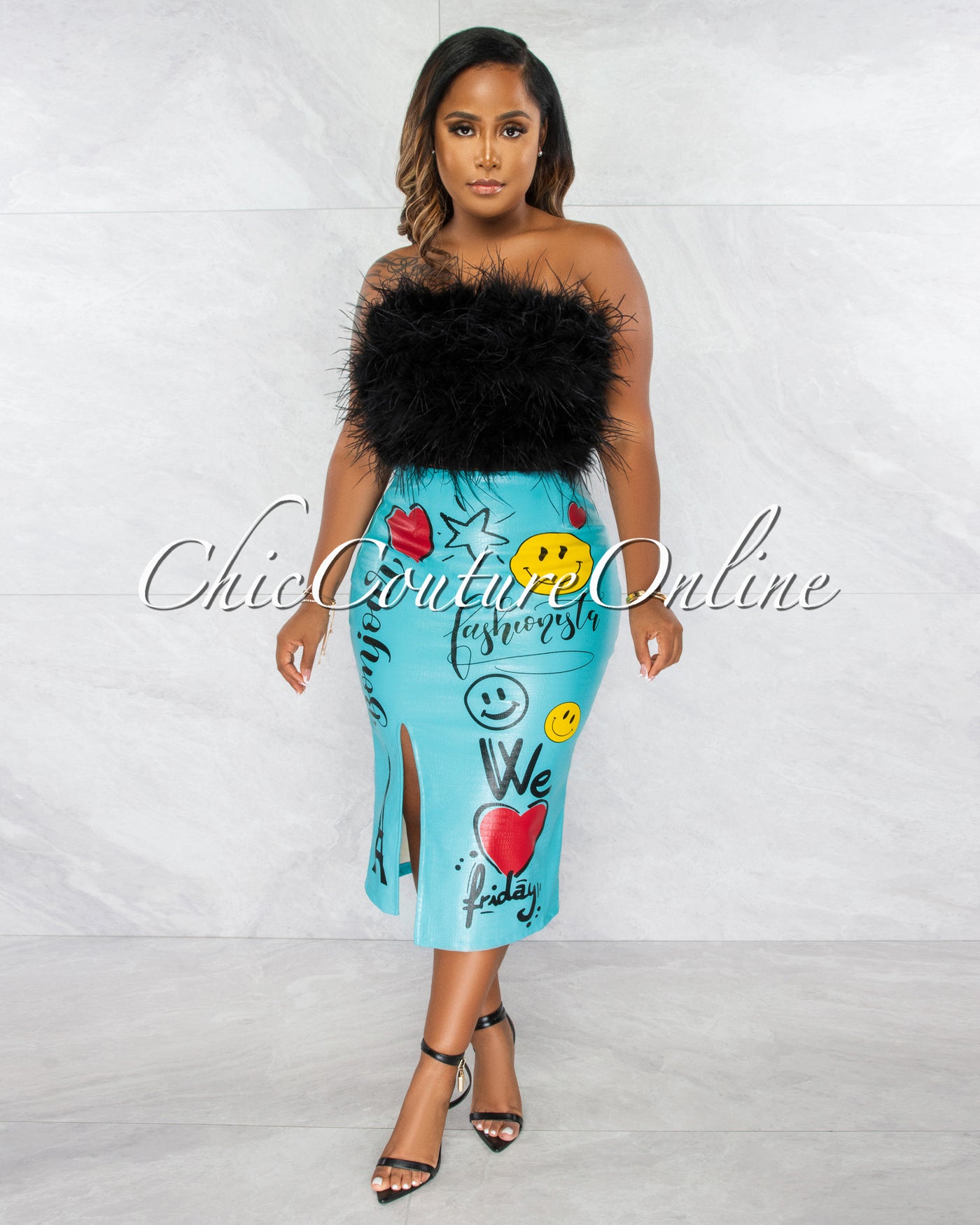 Delilah Baby Blue Graphic Faux Leather Midi Skirt