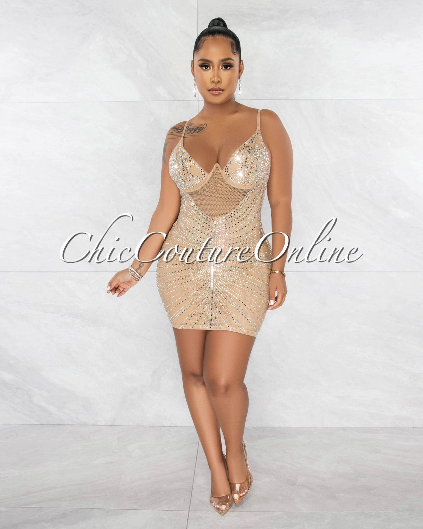 *Jennika Nude Mesh Sheer Rhinestones Mini Dress