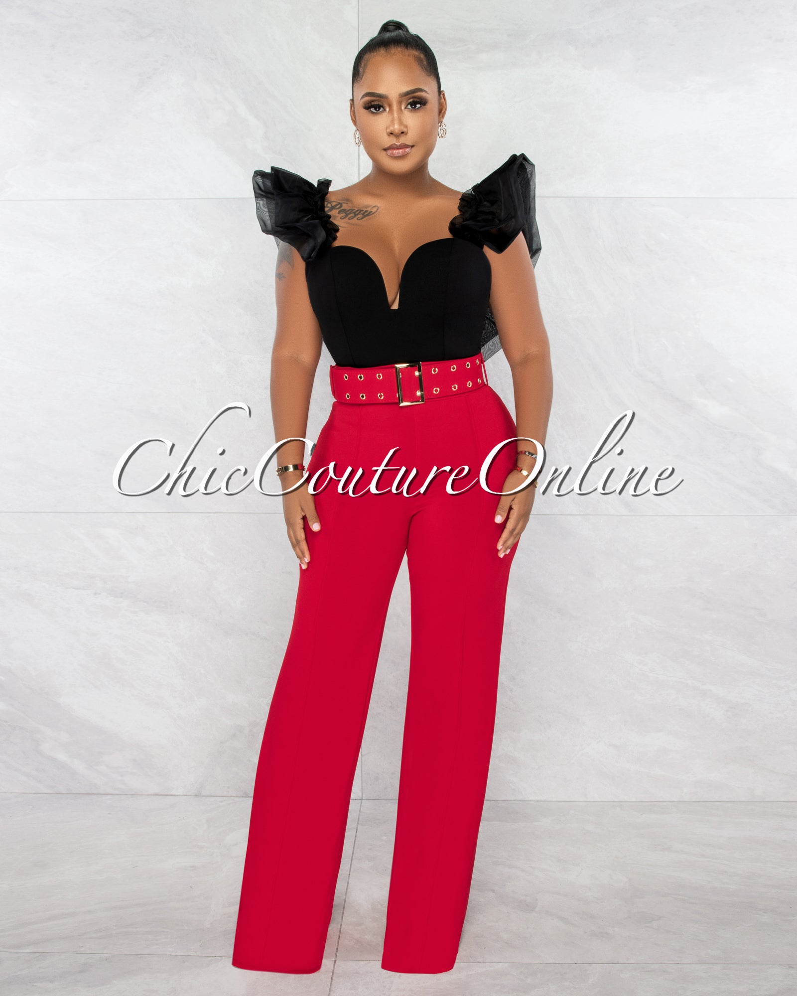*Gazella Red Gold Buckle Belt High Waist Palazzo Pants