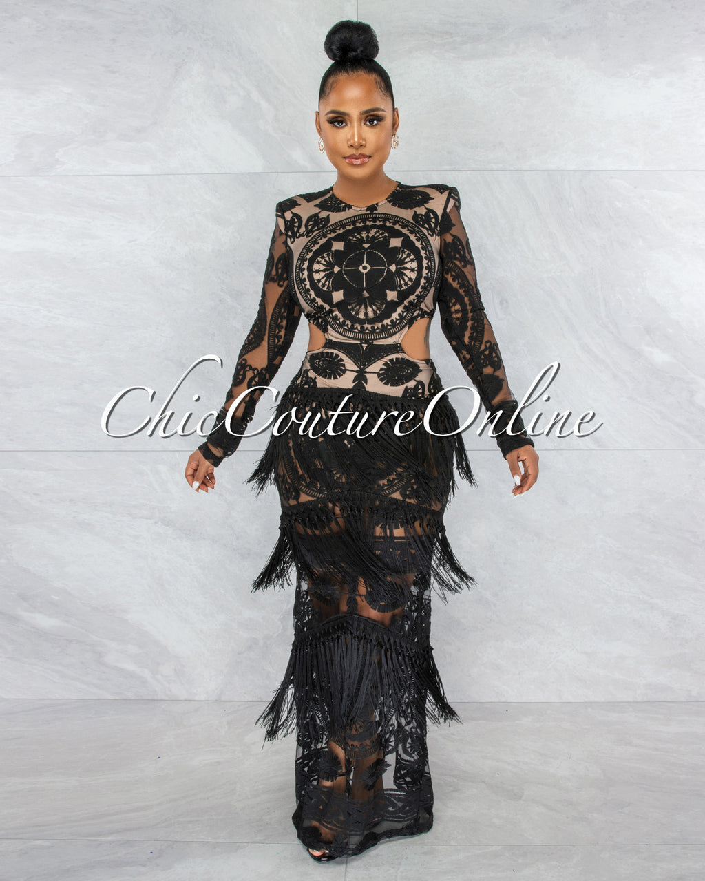 *Nissan Black Nude Illusion Crochet Fringe Maxi Dress