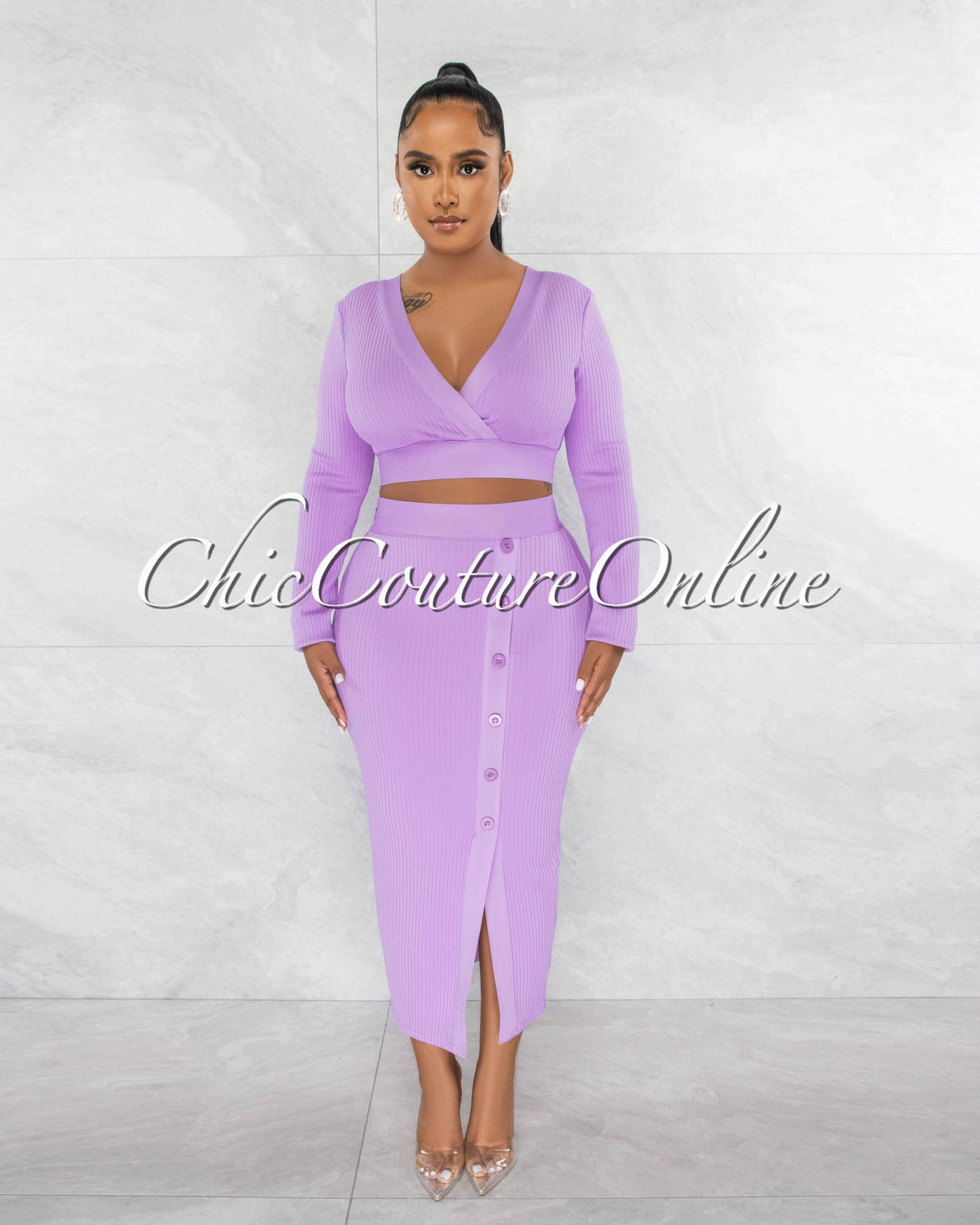 Jalina Lavender Crop Top & Side Buttons Midi Skirt Bandage Set