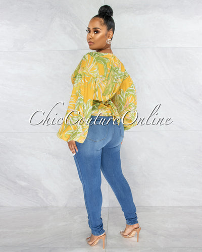 Becher Yellow Leaf Print Bubble Sleeves Wrap Top