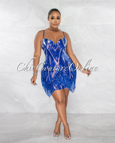 Cira Royal Blue Iridescent Sequins Fringe Mini Dress